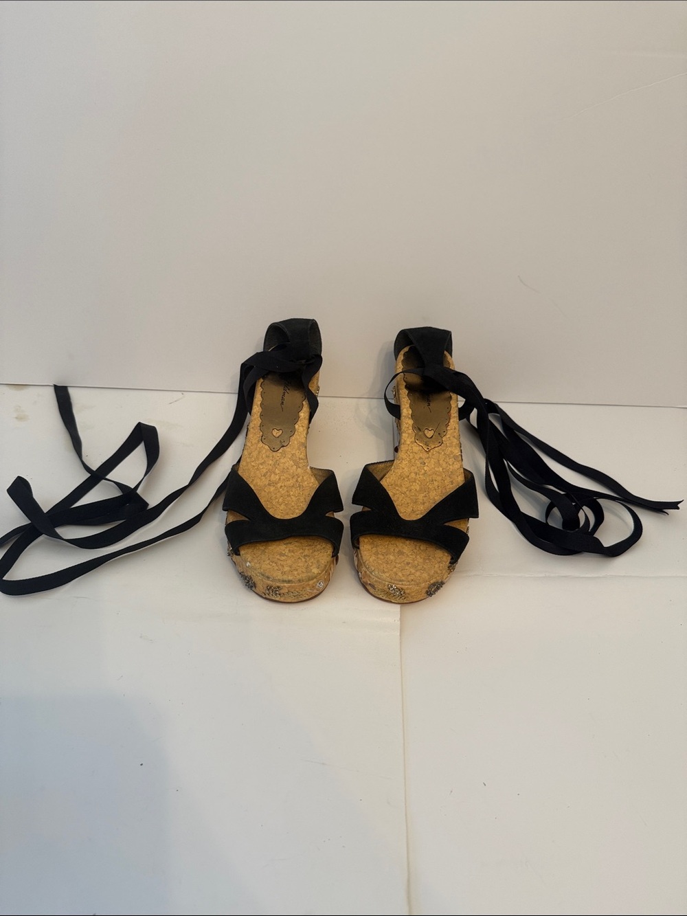 Beverly Feldman Black Lace-Up Beaded Cork Wedge Sandals